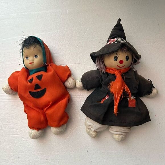 Set Of 2 Vintage Halloween Miniature Dolls Witch Porcelain Head & Pumpkin Doll - Picture 1 of 7